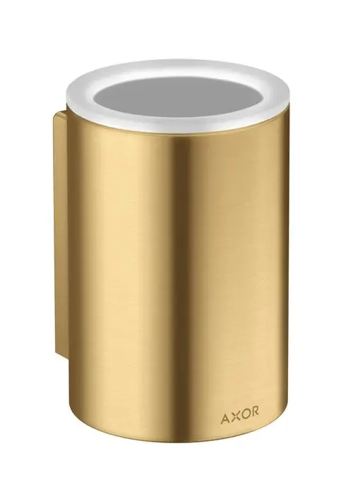 Zahnputzbecher aus goldfarbenem Metall mit glatter Oberfläche und weißem Rand, an der Seite mit einer Halterung, Marke AXOR.